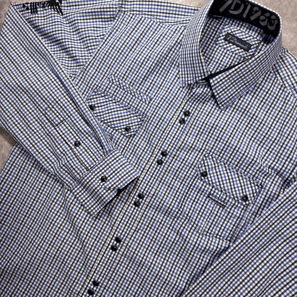 7 Diamonds Mens XL Blue Gingham Check Snap Front Double Pocket Embroidered Shirt